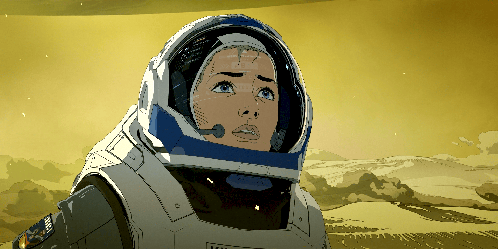 A frame from Love, Death & Robots, season 3, episode 3: “The Very Pulse of the Machine”. It shows a woman in a space suit on a yellow-tinted planet looking anxious ane expectant.